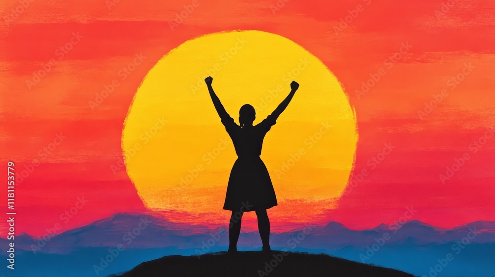 A powerful silhouette of a woman raising her fist in front of a colorful sunrise symbolizing strength and progress for International Women's Day A powerful silhouette of a woman raising her fist in front of a colorful sunrise symbolizing strength and progress for International Women's Day
