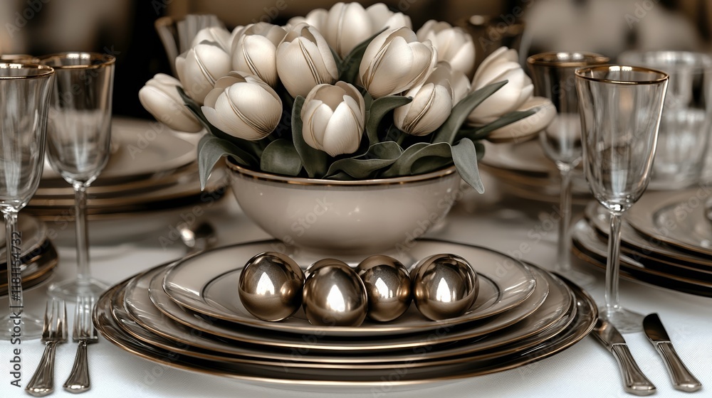 A luxurious Easter table setting with fine china, crystal glasses, and a centerpiece of pastel tulips and gold-detailed eggs for an elegant celebration A luxurious Easter table setting with fine china, crystal glasses, and a centerpiece of pastel tulips and gold-detailed eggs for an elegant celebration