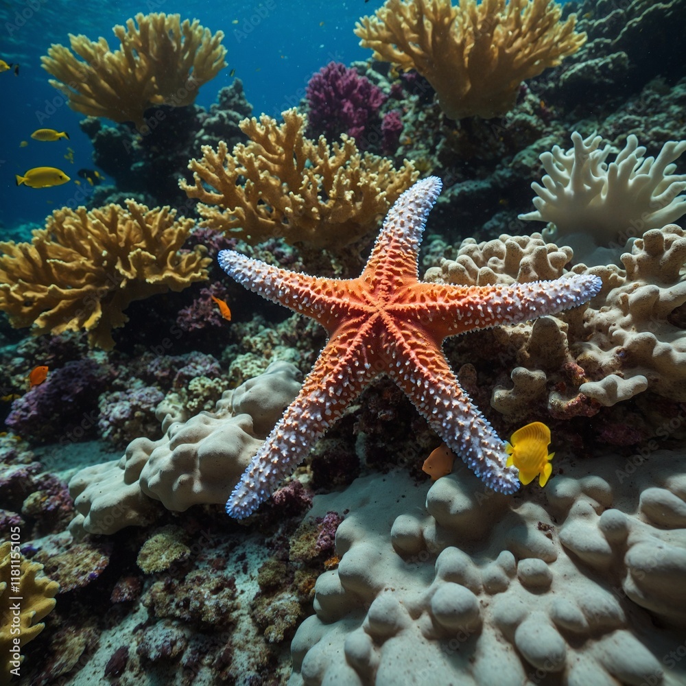 A starfish lounging on a vibrant coral garden, surrounded by tropical fish. A starfish lounging on a vibrant coral garden, surrounded by tropical fish.