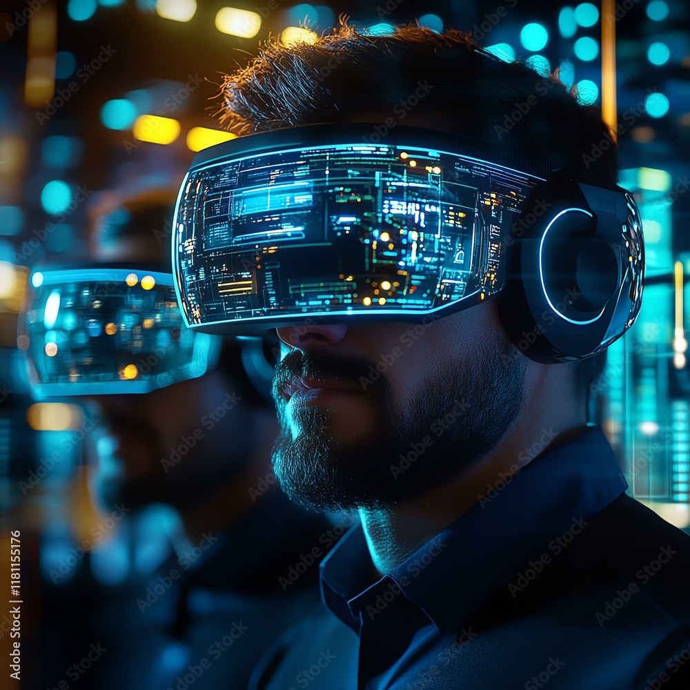 A man wearing advanced virtual reality goggles with a futuristic interface, immersed in a digital world. Ideal for topics related to VR technology, gaming, and innovation. A man wearing advanced virtual reality goggles with a futuristic interface, immersed in a digital world. Ideal for topics related to VR technology, gaming, and innovation.