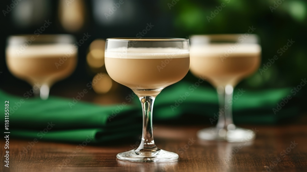 A group of fine crystal glasses filled with Irish cream liqueur on a polished dark oak bar, surrounded by green napkins and gold accents for an elegant pub vibe A group of fine crystal glasses filled with Irish cream liqueur on a polished dark oak bar, surrounded by green napkins and gold accents for an elegant pub vibe