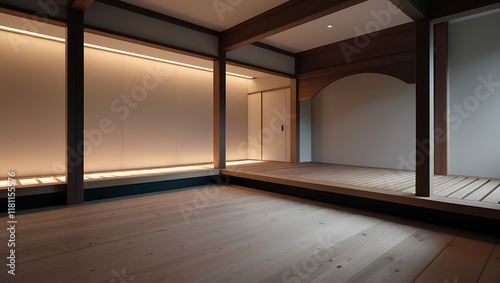 Modern japan style empty room with a raised wooden floor and wood slat wall arch photo