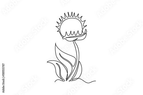 Single one line drawing beauty fresh venus flytrap for home wall decor art poster print. Decorative of dionaea muscipula for video game enemy. Continuous line draw design graphic vector illustration