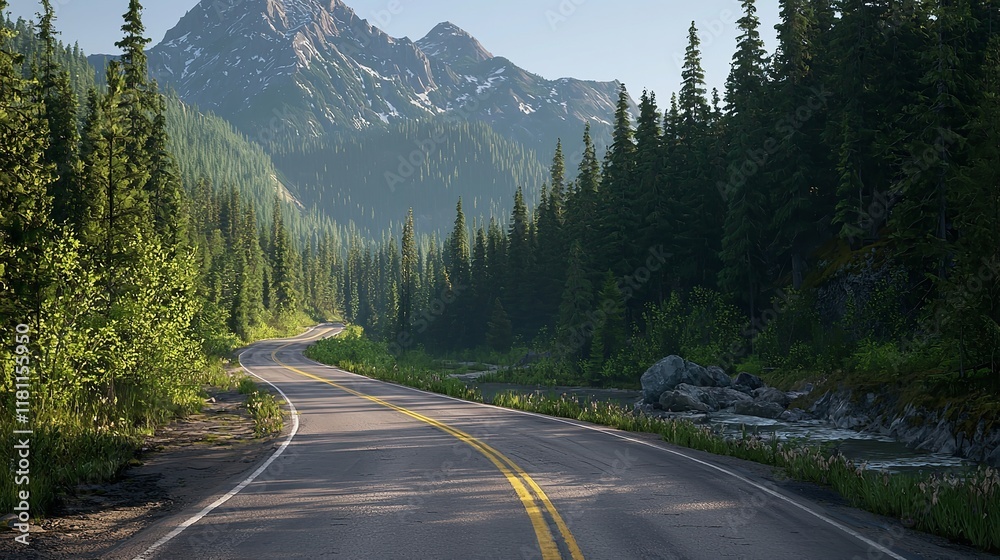 Scenic Road in British Columbia with a Winding Tree-Lined Path Scenic Road in British Columbia with a Winding Tree-Lined Path