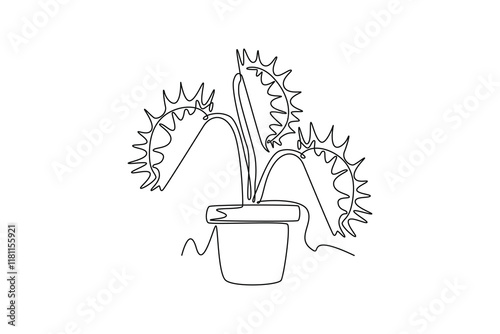 Single one line drawing scary fresh venus flytrap for garden logo. Decorative of dionaea muscipula concept for home art wall decor poster print. Continuous line draw design graphic vector illustration