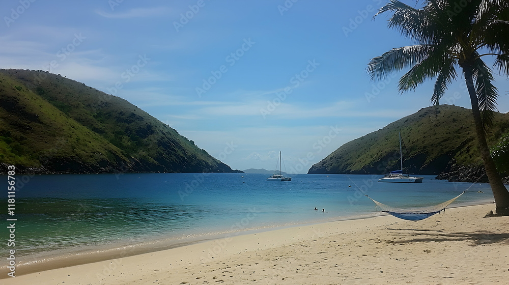 Tropical beach hammock paradise; boats at sea, idyllic island bay. Tropical beach hammock paradise; boats at sea, idyllic island bay.