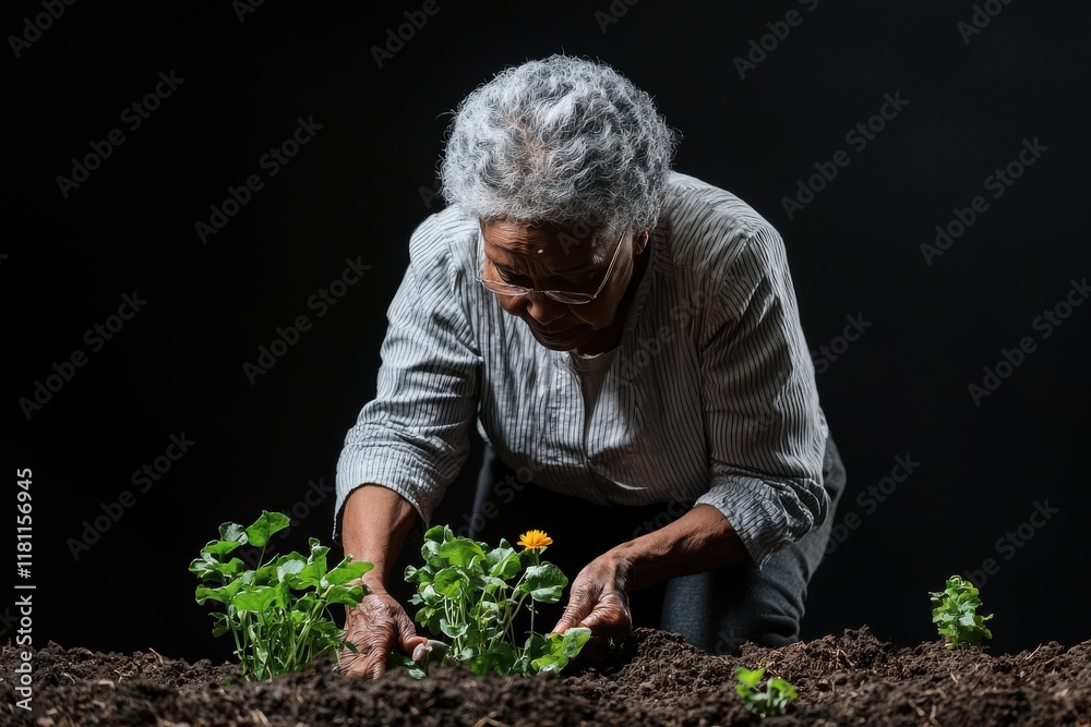 Fototapeta premium African American elderly woman with natural gray hair planting flowers in a garden photorealistic studio lighting