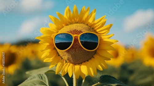 A cheerful sunflower field with a single sunflower wearing oversized sunglasses on a clear day for the International Day of Happiness  photo