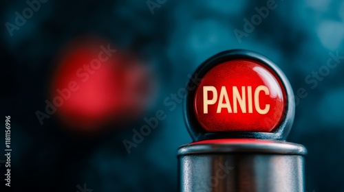 A bright red emergency button with the word PANIC glowing in bold against a metallic control panel background for Panic Day symbolism 
