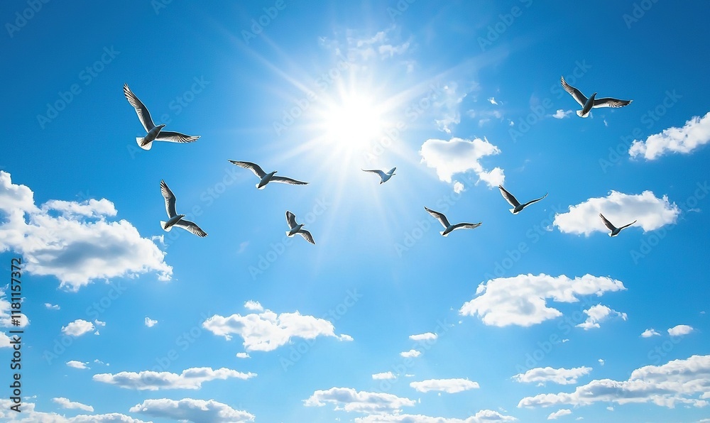Fototapeta premium Birds soaring in sunny blue sky with fluffy clouds.