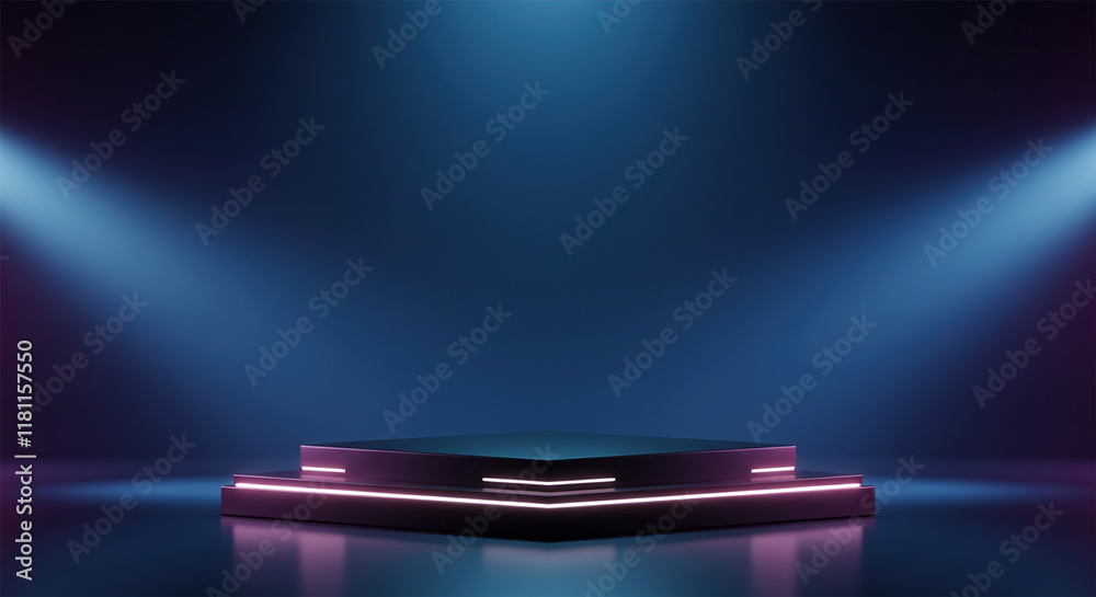Futuristic dark podium with light and reflection background Futuristic dark podium with light and reflection background