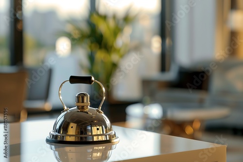 Hotel service bell in hotel lobby with bokeh light background photo