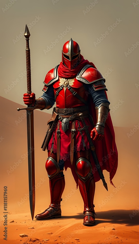Fototapeta premium A red knight in desert armor, standing boldly while holding two swords, exuding valor and strength