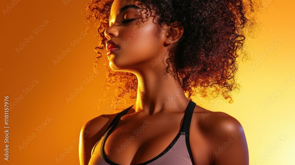 African American woman with natural curls in a sports bra practicing yoga photorealistic studio lighting African American woman with natural curls in a sports bra practicing yoga photorealistic studio lighting