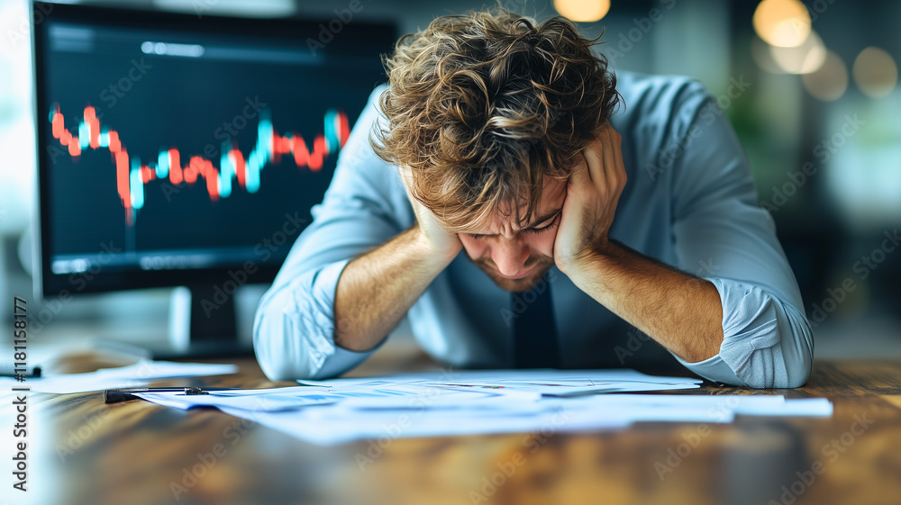 Fototapeta premium The Weight of Responsibility: A businessman's face is etched with worry as he grapples with a mountain of paperwork and a volatile stock market chart on the screen behind him.
