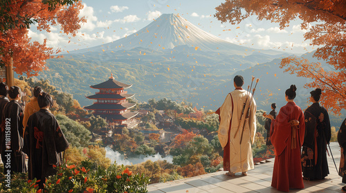 An epic illustration of Emperor Jimmu leading his followers during Japan’s legendary founding, with dramatic landscapes and a divine golden glow. photo