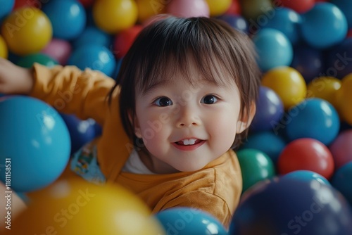 Asian toddler playing in a ball pit in a colorful indoor playground photorealistic studio lighting
