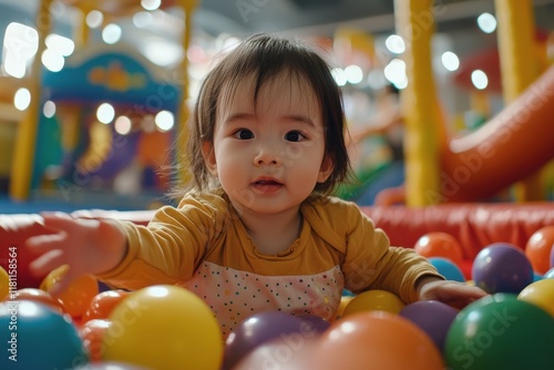 Asian toddler playing in a ball pit in a colorful indoor playground photorealistic studio lighting