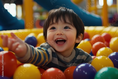 Asian toddler playing in a ball pit in a colorful indoor playground photorealistic studio lighting