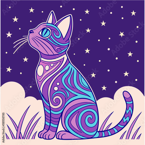 A surreal cat with galaxy patterns on its fur, sitting peacefully, blending the cosmic with the natural