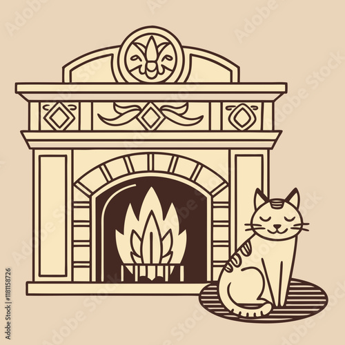 Vintage-style vector illustration of a cat sitting by a fireplace, evoking warmth and charm.