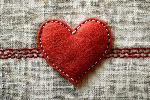 Simple Minimalistic Red Heart Decoration on Natural Fabric Background Ideal for Valentine's Day Celebrations and Romantic Themes in Gift Designs and Crafts