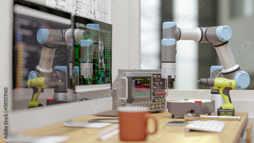  3D render: View of robot engineer's desktop with Cobot (collaborative robot),And Elelctrical equipment in laboratory