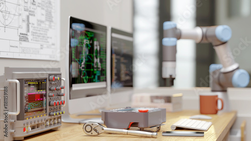 3D render: View of robot engineer's desktop with Cobot (collaborative robot),And Elelctrical equipment in laboratory
