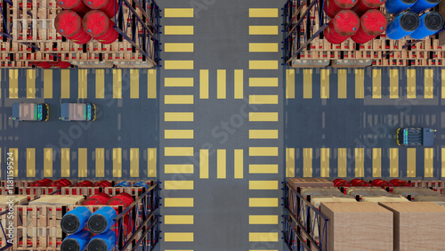 3D render Factory 4.0 concept: Collaboration of industrial robots and AGV (Automated Guided Vehicle) with wireless communication in smart warehouse.