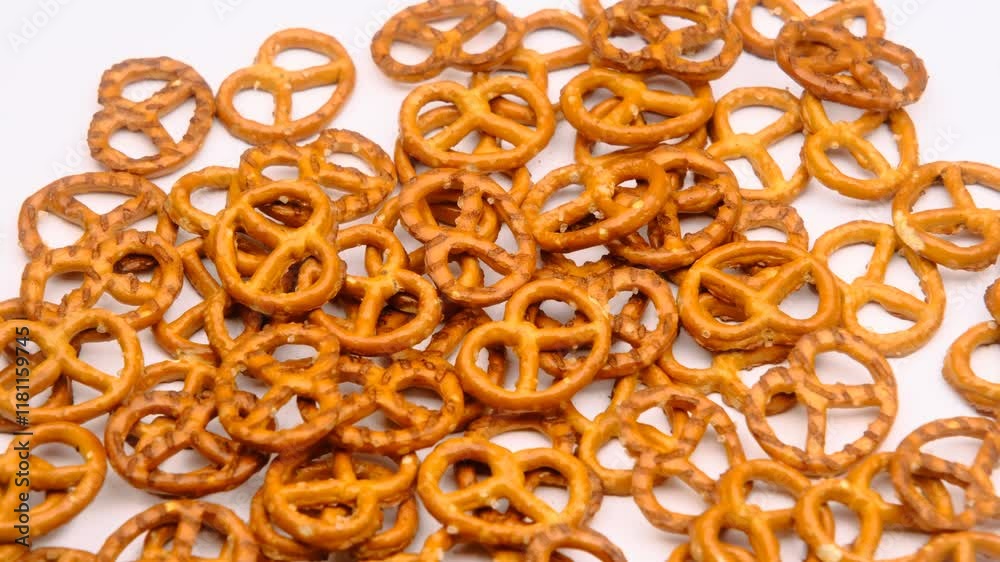 Salt pretzels isolated on white background. Salty snacks. Top view Salt pretzels isolated on white background. Salty snacks. Top view