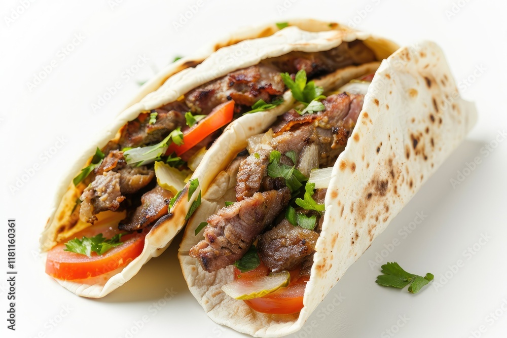 Detailed Color Picture of Delicious Gyros in a Warm Tortilla White Background Detailed Color Picture of Delicious Gyros in a Warm Tortilla White Background