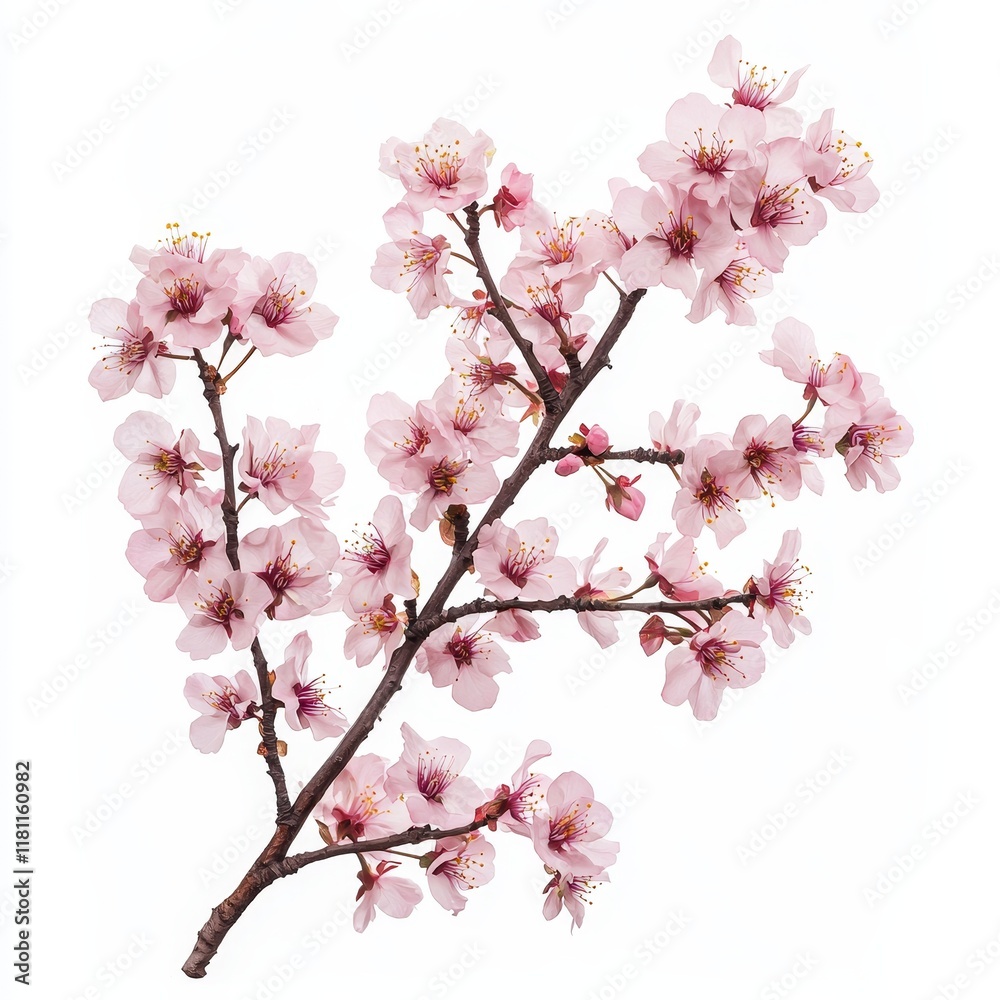 Delicate Cherry Blossom Branch in Full Bloom with Soft Pink Flowers and Green Leaves Delicate Cherry Blossom Branch in Full Bloom with Soft Pink Flowers and Green Leaves