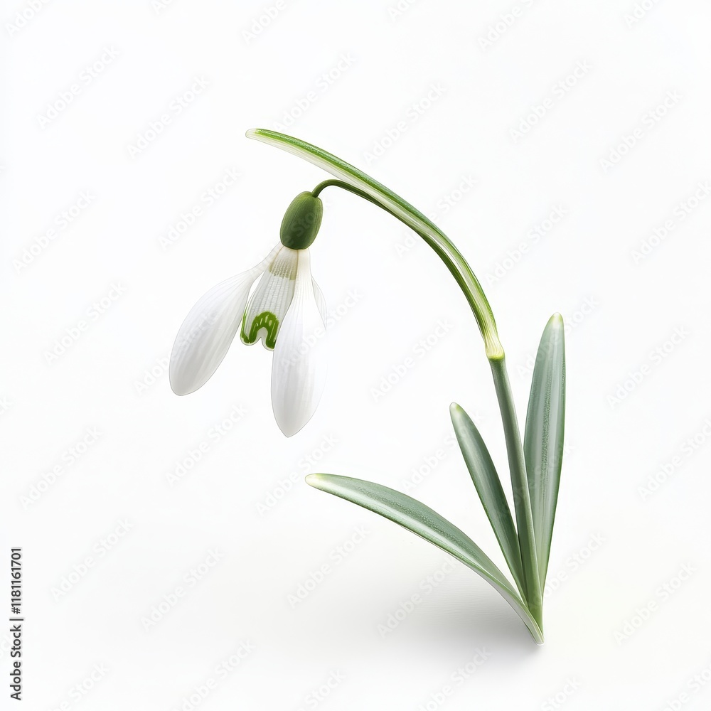 Solitary Snowdrop Flower in Bloom Captured on White Background Solitary Snowdrop Flower in Bloom Captured on White Background