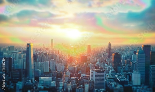 City skyline at sunrise with colorful clouds, ideal for urban development or travel themes.