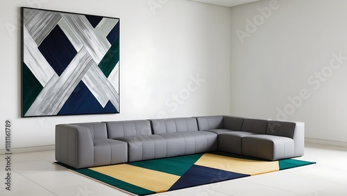 Contemporary Minimalist Living Room With A Modular Sofa, A Geometric Rug, And A Single Large Artwork On The Wall photo