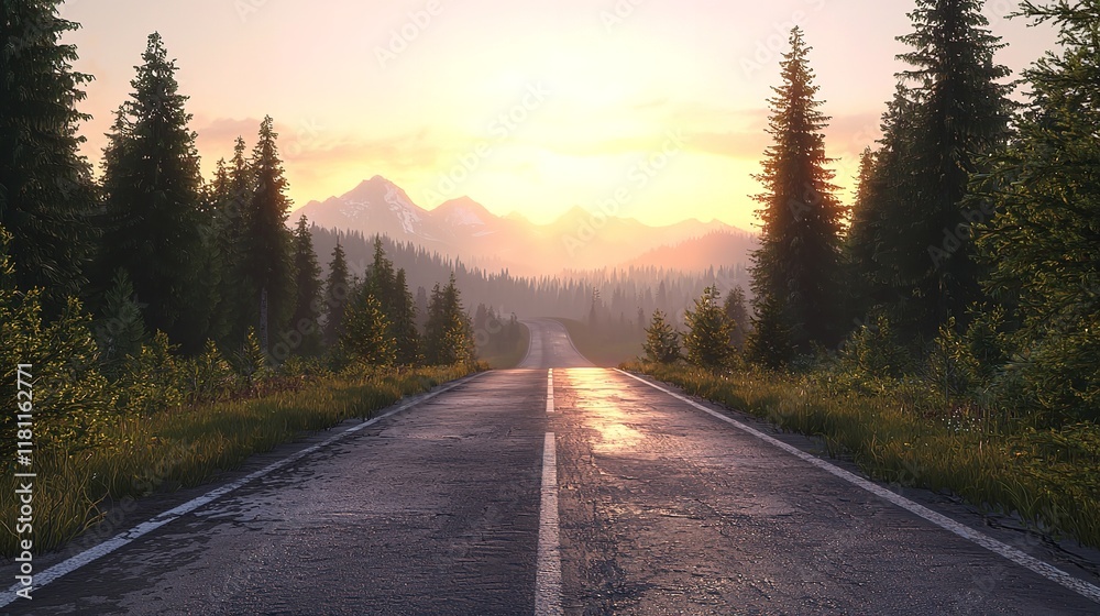 Naklejka premium Sunset Over a Highway Road Flanked by Pine Trees