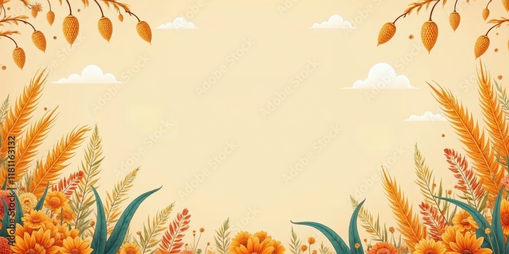 Yellow and orange background with a flowery border. The background is a light yellow color and the flowers are orange. For Banner, poster, background, greeting card Yellow and orange background with a flowery border. The background is a light yellow color and the flowers are orange. For Banner, poster, background, greeting card