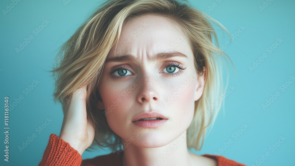Naklejka premium Troubled Beauty: Close-up portrait of a young woman with blonde hair, conveying worry and concern. Her expression is one of thoughtful contemplation and mild distress.