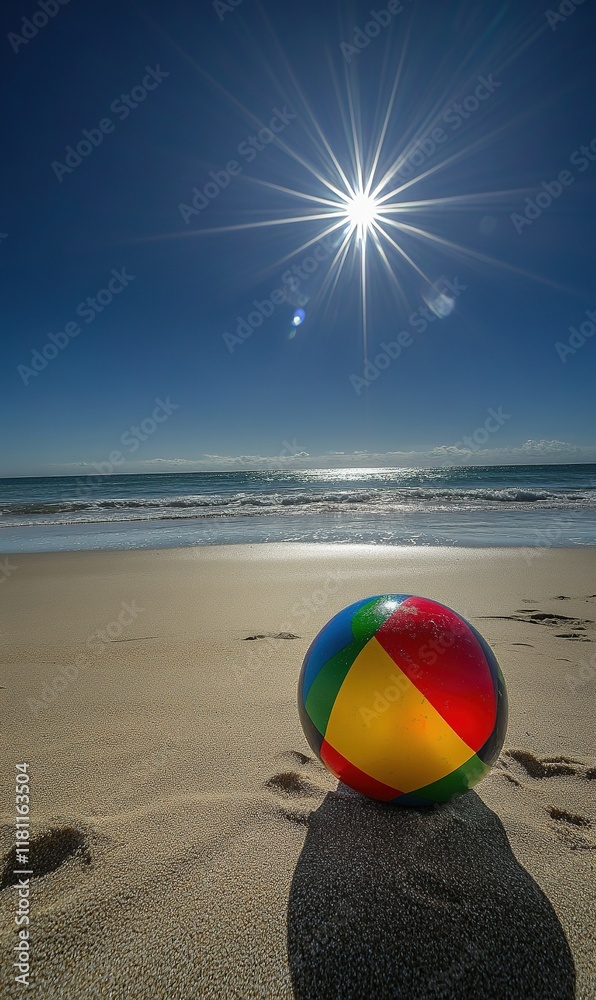 Obraz premium Colorful beach ball on sandy shore, sunny day, ocean waves, ideal summer vacation image.