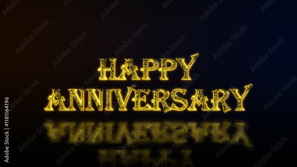 Happy anniversary golden text with particles luxury animation, gold text animation with reflection