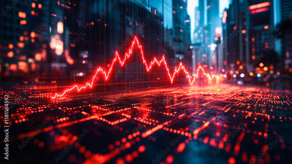 Fototapeta premium Market Crash: A Glowing Red Stock Market Decline Graph Projected Over a Futuristic Cityscape at Night 