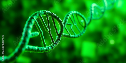 DNA helix, glowing green, digital microscopic view, futuristic biotechnology, neon illumination, genetic research, 3D molecular structure, emerald background, scientific visualization, high-resolution