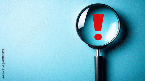 Magnifying the Important: Red exclamation mark under magnifying glass on blue background 