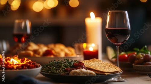 A beautifully arranged Passover dinner table with traditional foods, including gefilte fish, matzah, and wine, with soft candlelight in the background photo