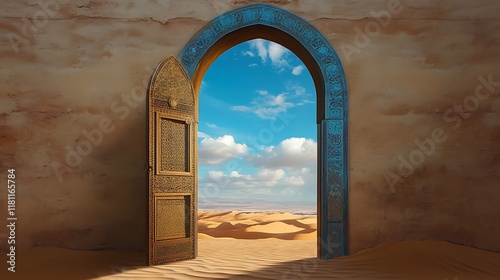 Open ornate arched doorway revealing a desert landscape.