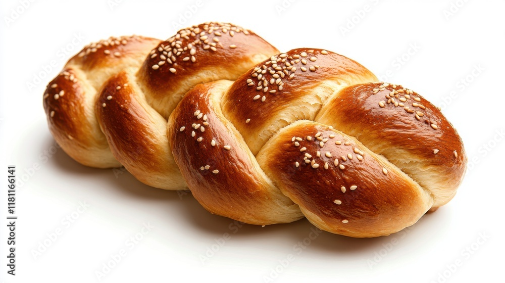 A beautifully braided round challah with sesame seeds, symbolizing unity and continuity, isolated on a white background A beautifully braided round challah with sesame seeds, symbolizing unity and continuity, isolated on a white background