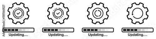 Updating system icons with gears isolated set on white background. Set of Update software icons.  System upgrade notification icons. Progress install symbols set.  Updating application icons.