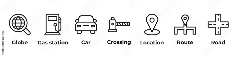 Global Travel Icons set vector illustration blue with globe, gas, station, car, crossing, location, route, road
Global Travel Icons set vector illustration blue with globe, gas, station, car, crossing, location, route, road