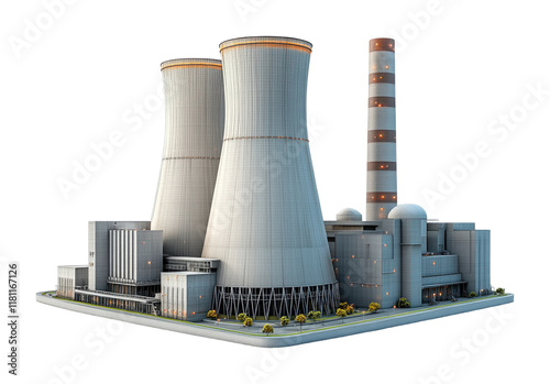 Nuclear power plant on industrial structure high fidelity clean energy concept isolated on transparent background png