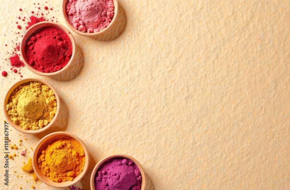 A Holi-inspired flat lay with eco-friendly gulal powders in pastel shades arranged in geometric patterns A Holi-inspired flat lay with eco-friendly gulal powders in pastel shades arranged in geometric patterns